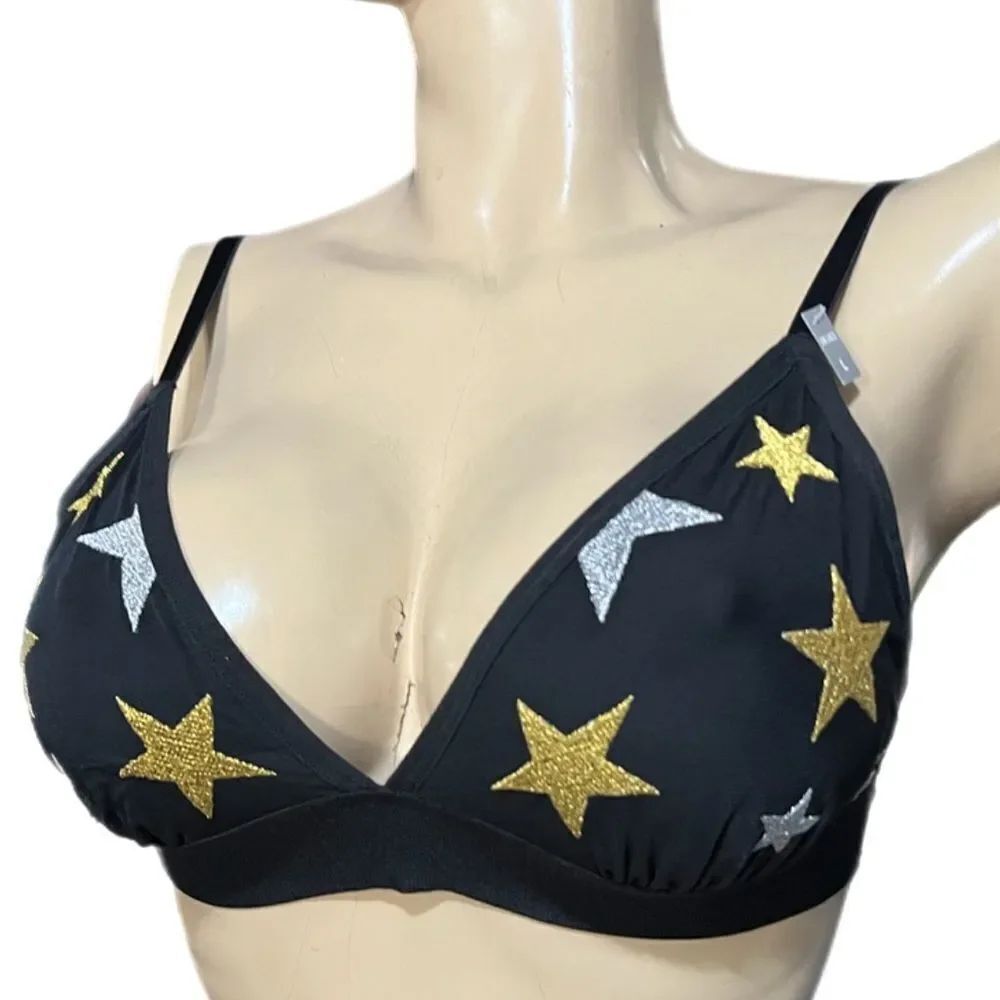 Victorias Secret Pink Mesh Embroidered Stars Triangle bralette bra Black Large